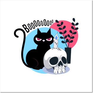 Scary Black Cat With Skull Posters and Art